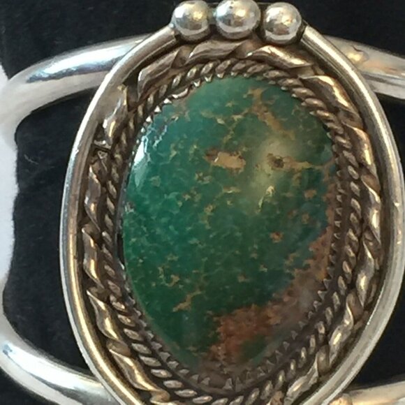 VINTAGE NAVAJO GREEN TURQUOISE STERLING SILVER CUFF 50g NATIVE AMERICAN BLUE GEM - Picture 7 of 12